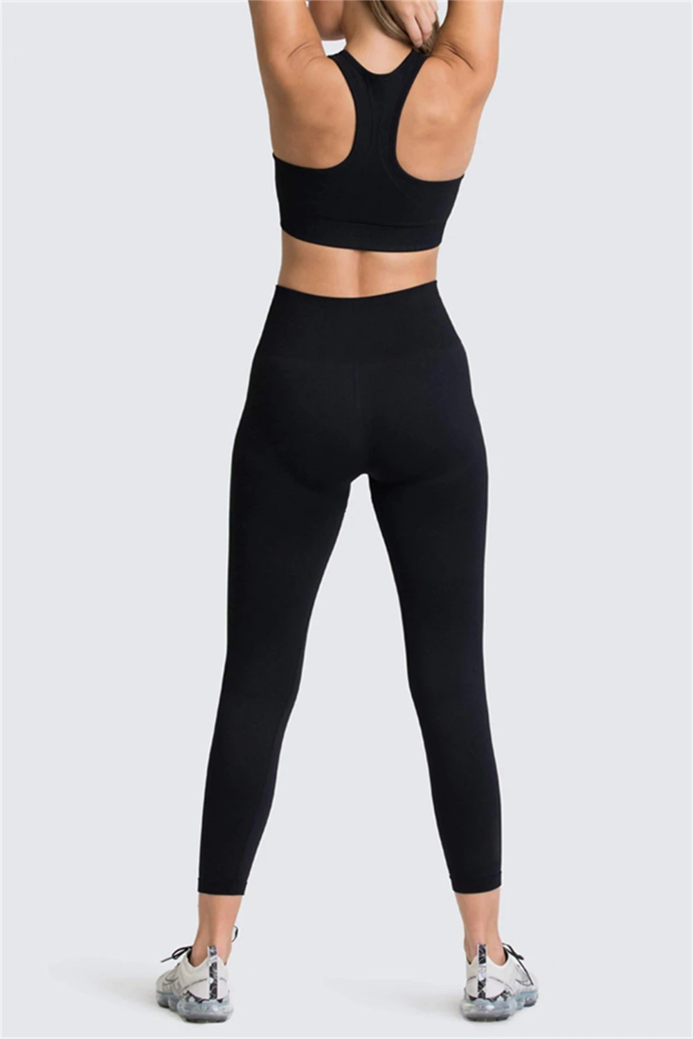 黑色纯色运动文胸和高腰打底裤运动套装 LC2611591