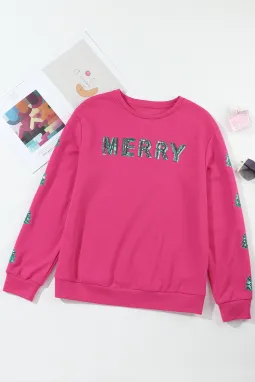 草莓粉色 MERRY 圣诞树亮片拼布运动衫