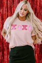 粉色情人节闪亮 XOXO 图案 T 恤