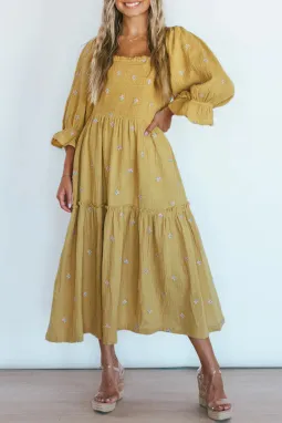 黄色印花波西米亚风荷叶边手镯袖抽褶纹理中长连衣裙