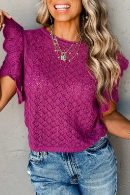紫罗兰色荷叶边短袖纹理针织毛衣