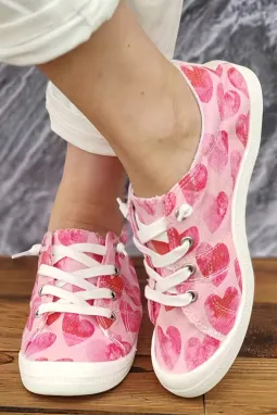 草莓粉色心形休闲系带帆布鞋
