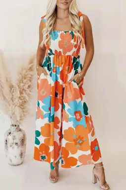 橙色花卉自系带缩褶半身长连衣裙
