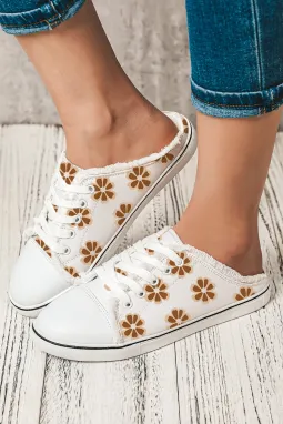 白色花朵印花毛边一脚蹬帆布鞋