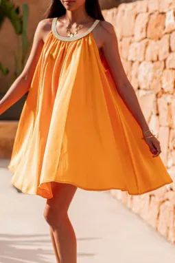 活力橙色波西米亚风梭织领口无袖娃娃装连衣裙
