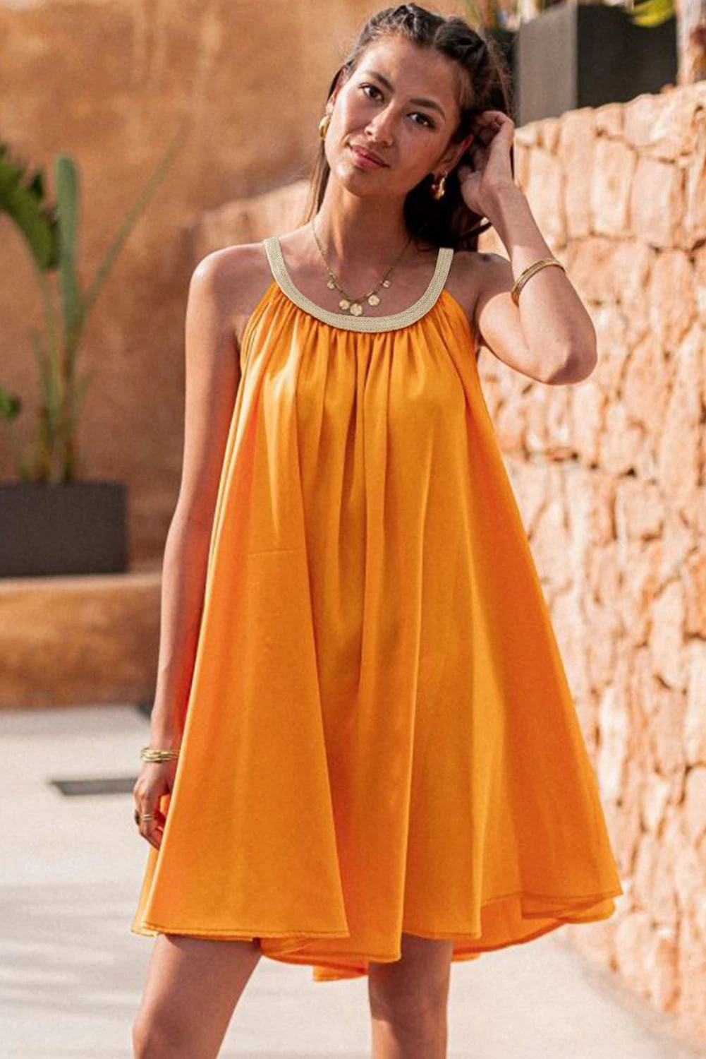 活力橙色波西米亚风梭织领口无袖娃娃装连衣裙 LC6119028