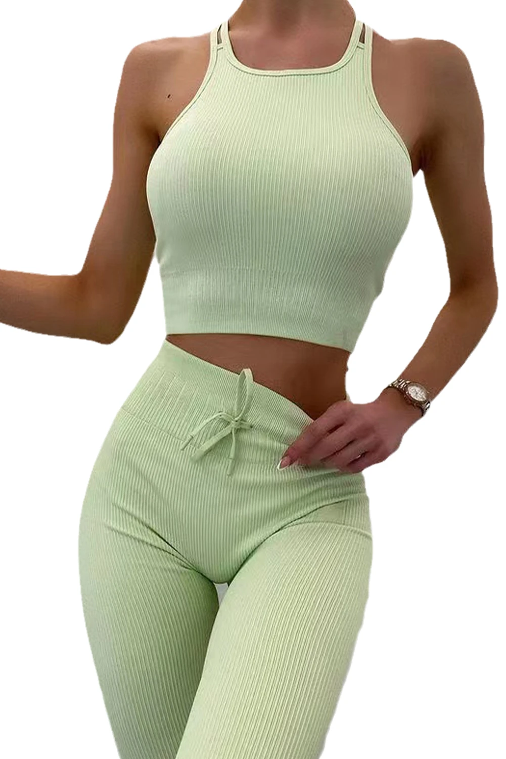 浅绿色纯色短款背心和抽绳打底裤活力套装 LC2611585