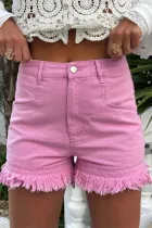 粉色磨边中腰牛仔短裤