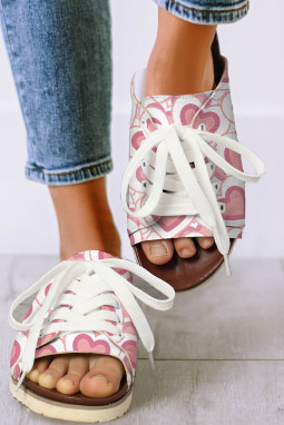 粉色心形印花系带露趾平底拖鞋
