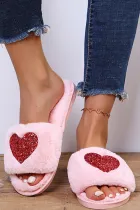 粉色亮片心形一脚蹬毛绒拖鞋