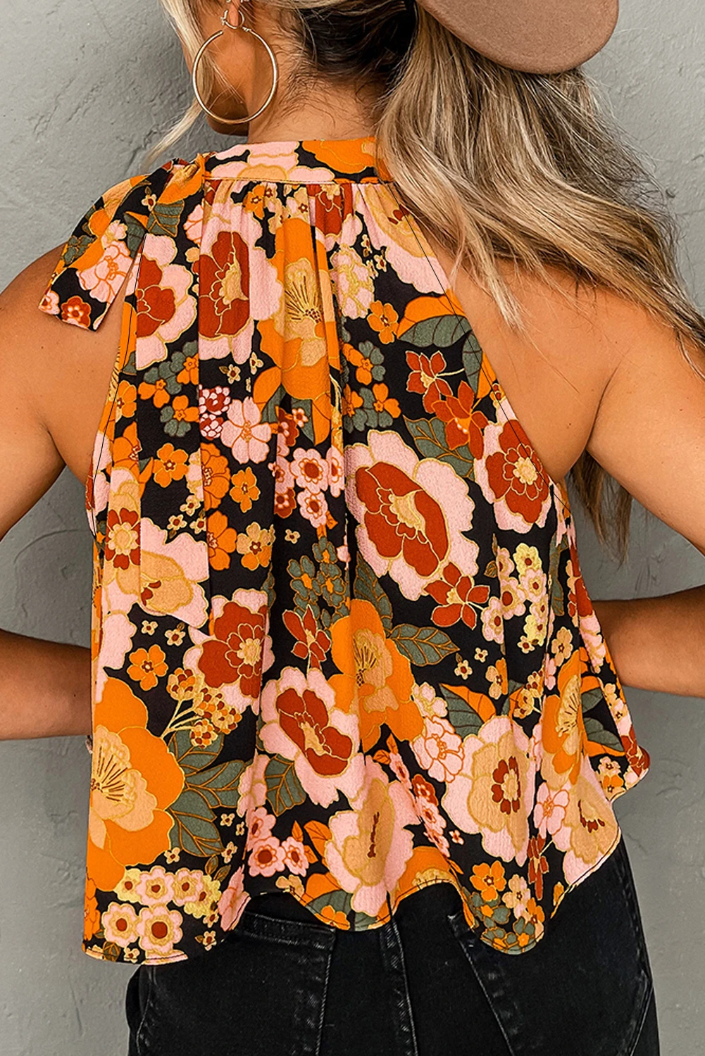 橙色花卉印花打结挂脖无袖上衣 LC25611357