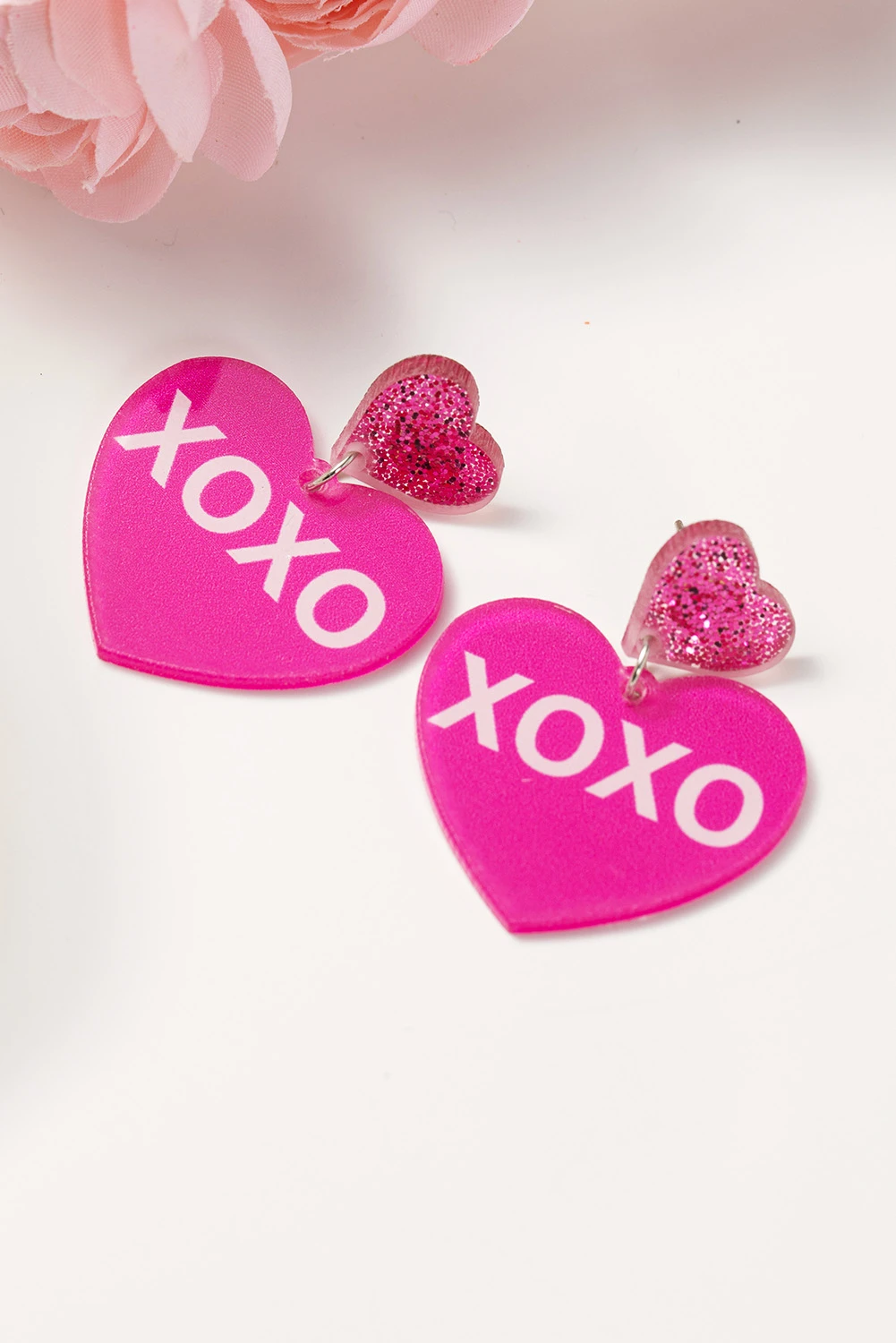 玫瑰红情人节XOXO印花双心形耳环 BH013584