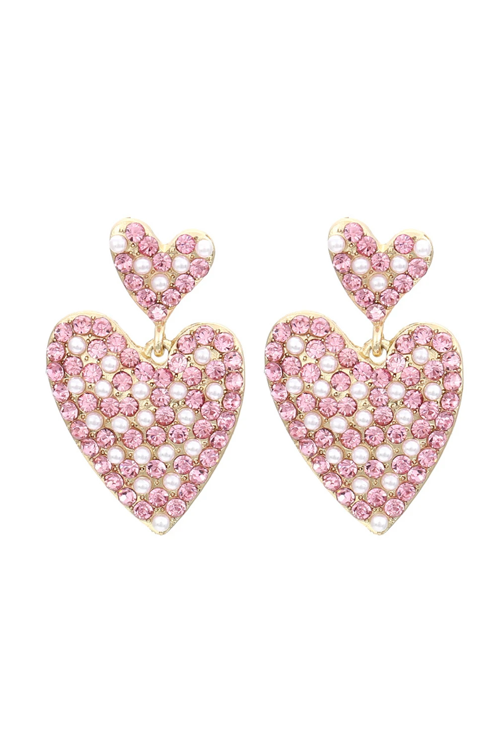 粉色水钻珍珠双心形情人节耳环 BH013577