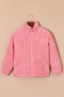 桃粉色灯芯绒立领外套