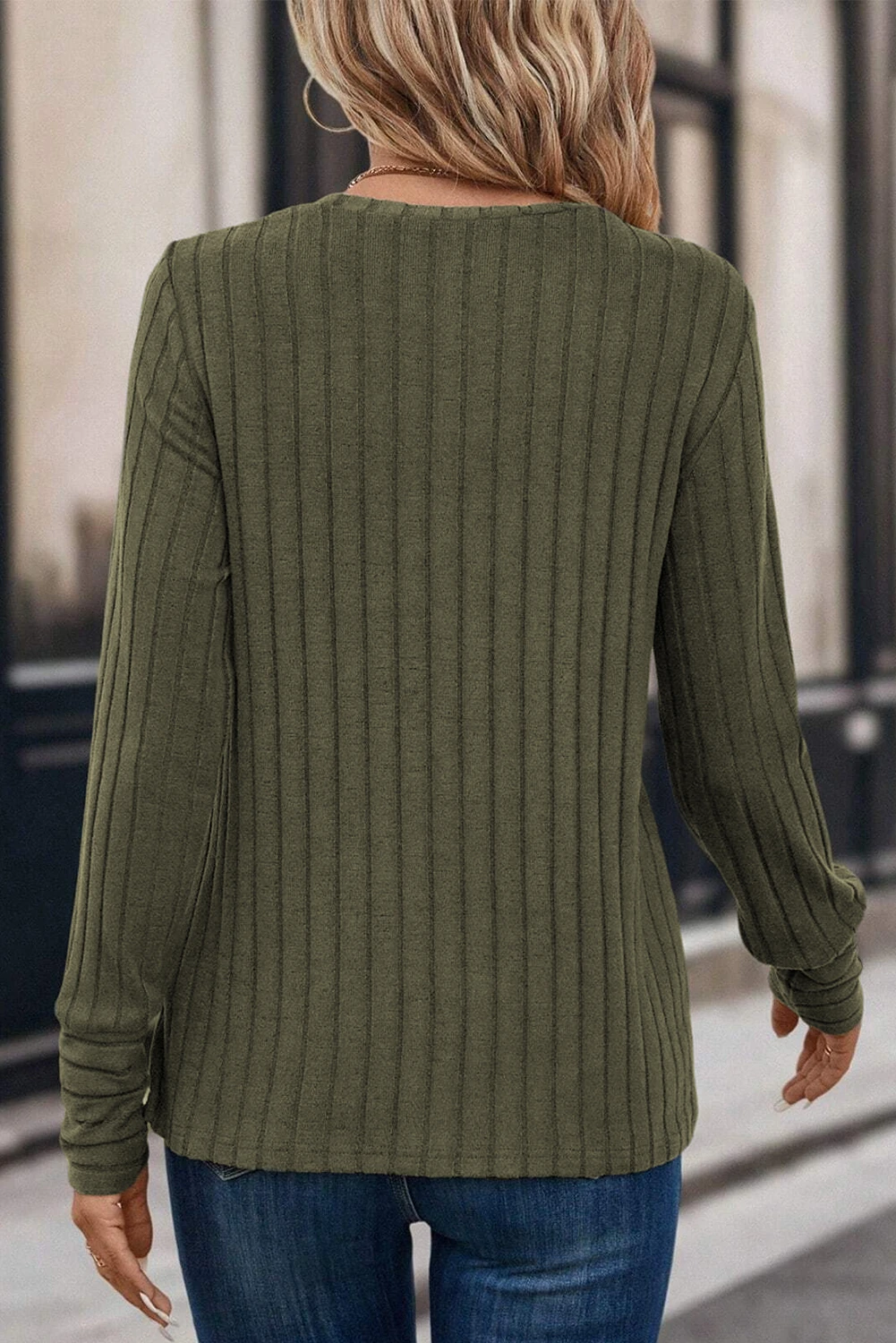 绿色罗纹针织长袖上衣 LC25223971