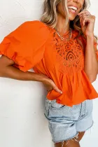 橙色镂空蕾丝拼接泡泡袖衬衫