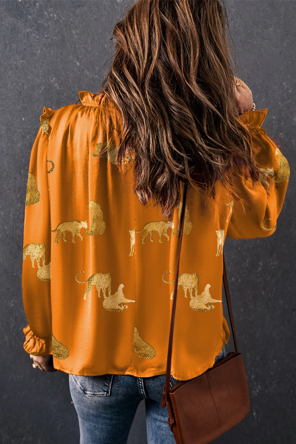 橙色猎豹印花荷叶边袖衬衫 LC2554199