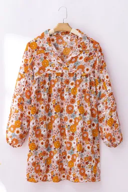 橙色印花开叉领花卉口袋直筒连衣裙