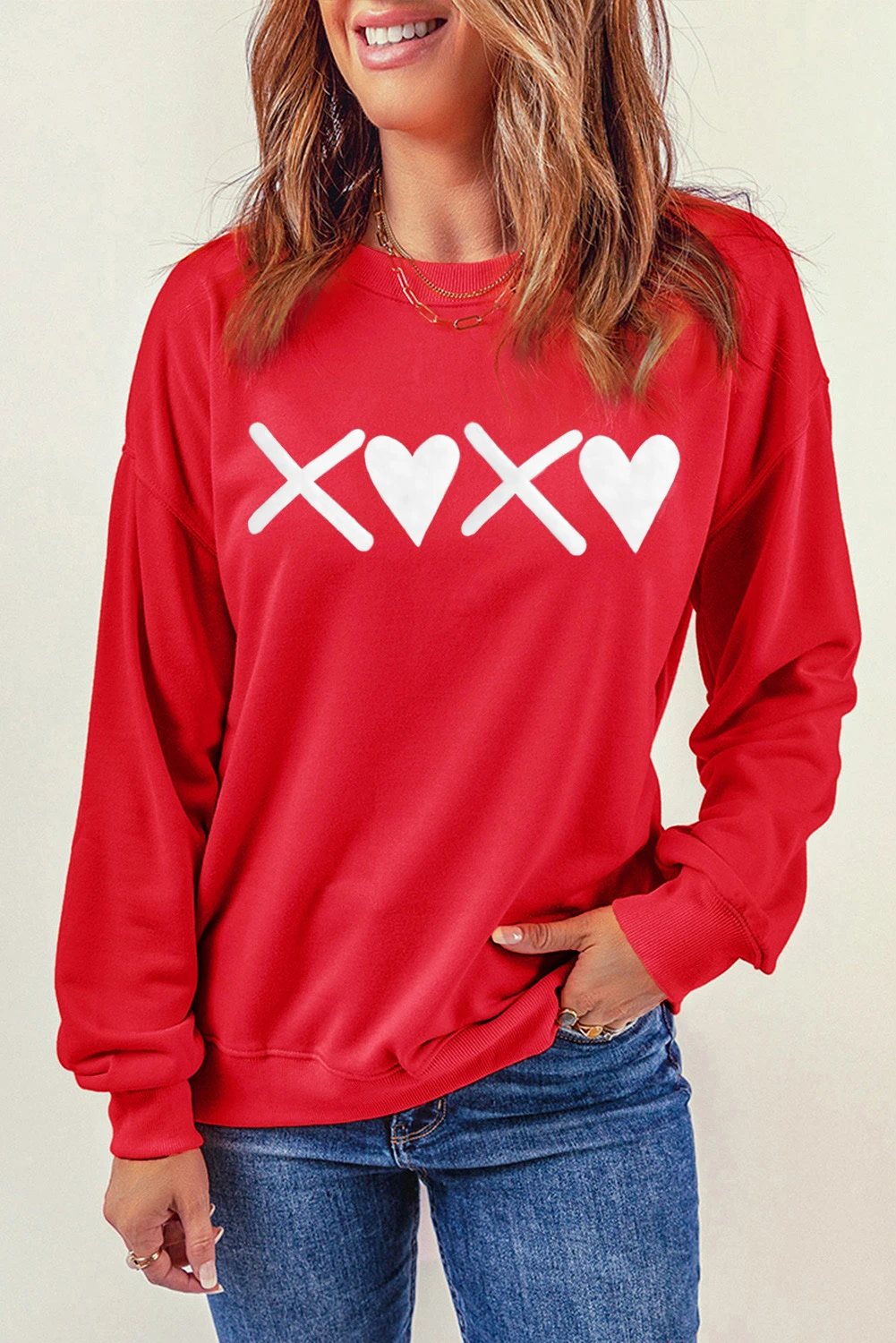红色 XOXO 印花情人节心形套头衫 LC2538318