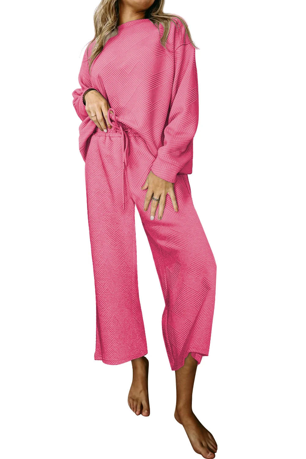 草莓粉色超宽松纹理 2 件套休闲套装 LC624971