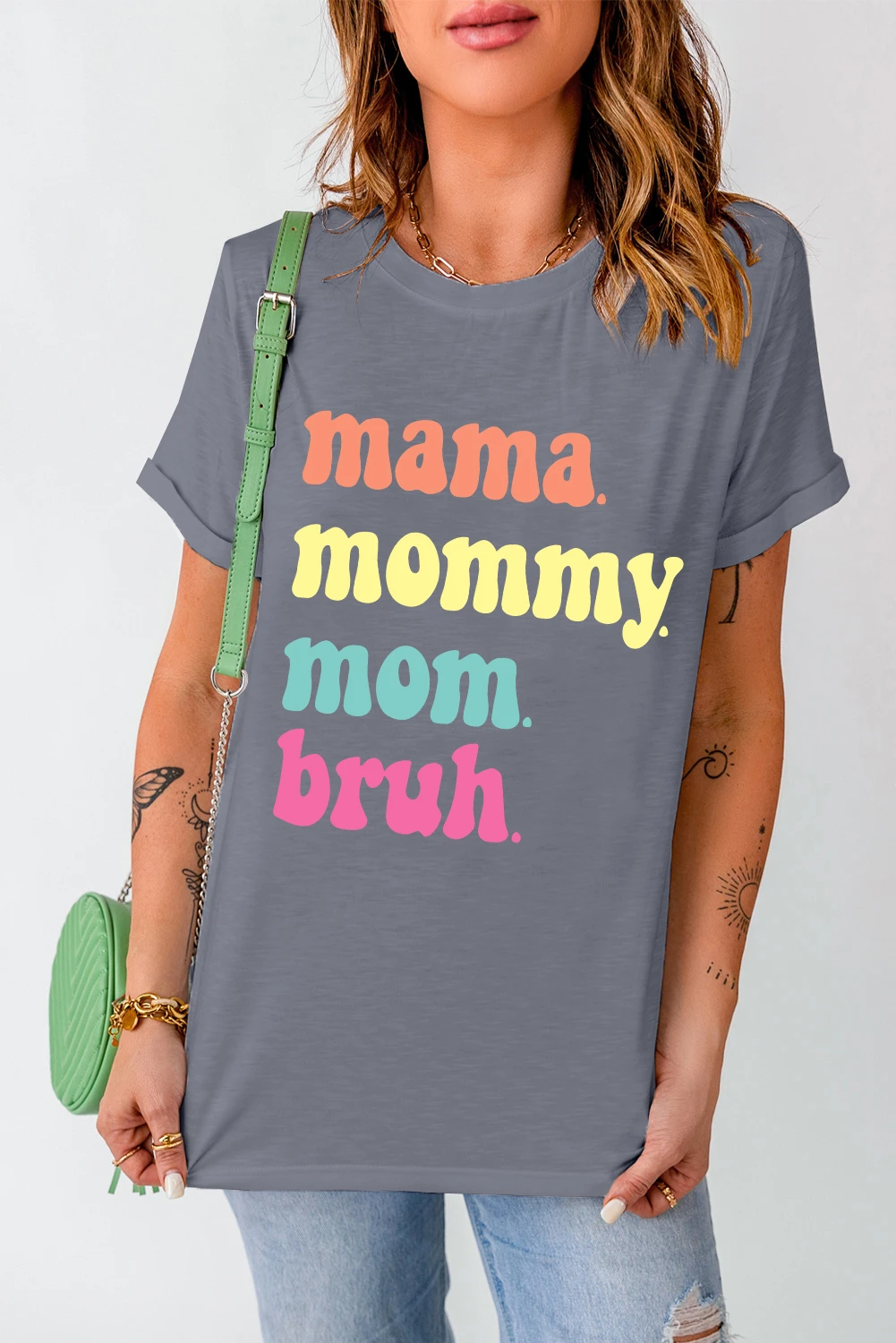 灰色 mama mommy mom bruh 圆领图案 T 恤 LC25224551