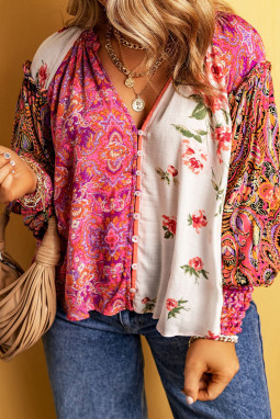 粉色多色花卉拼布平行绉缝袖口纽扣衬衫