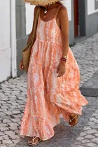 橙色抽象印花细肩带露背分层超长连衣裙