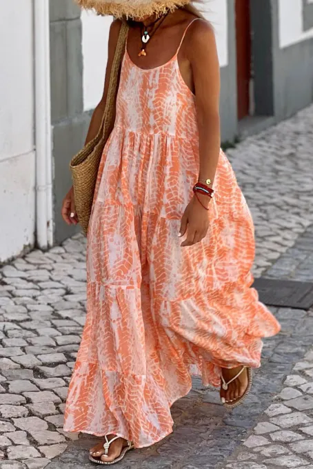 橙色抽象印花细肩带露背分层超长连衣裙