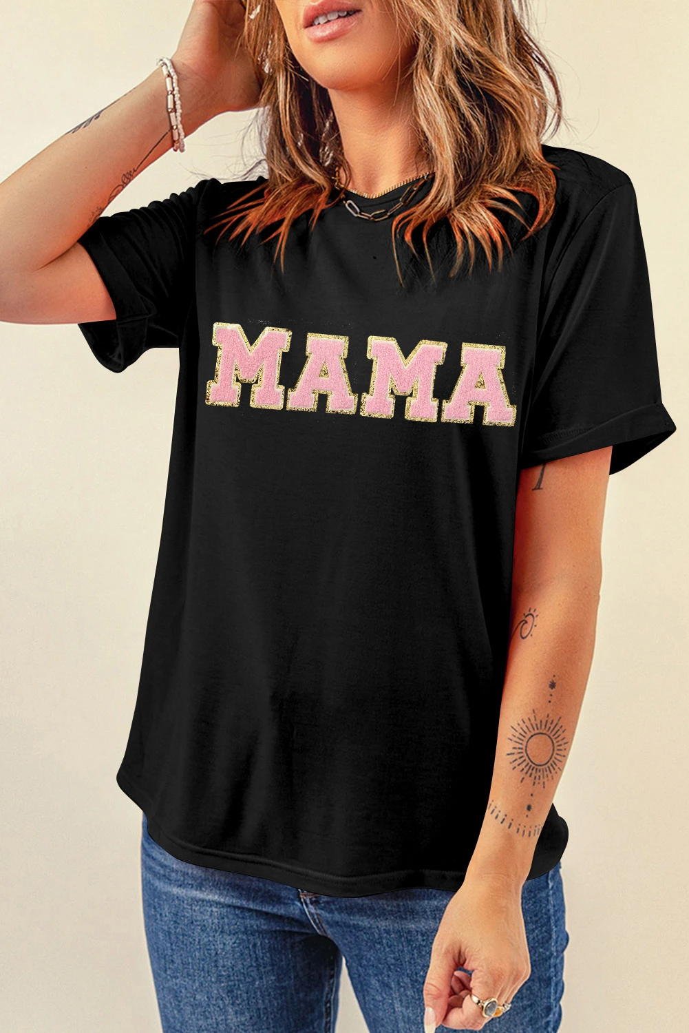 黑色 MAMA 雪尼尔图案 T 恤 LC25224551