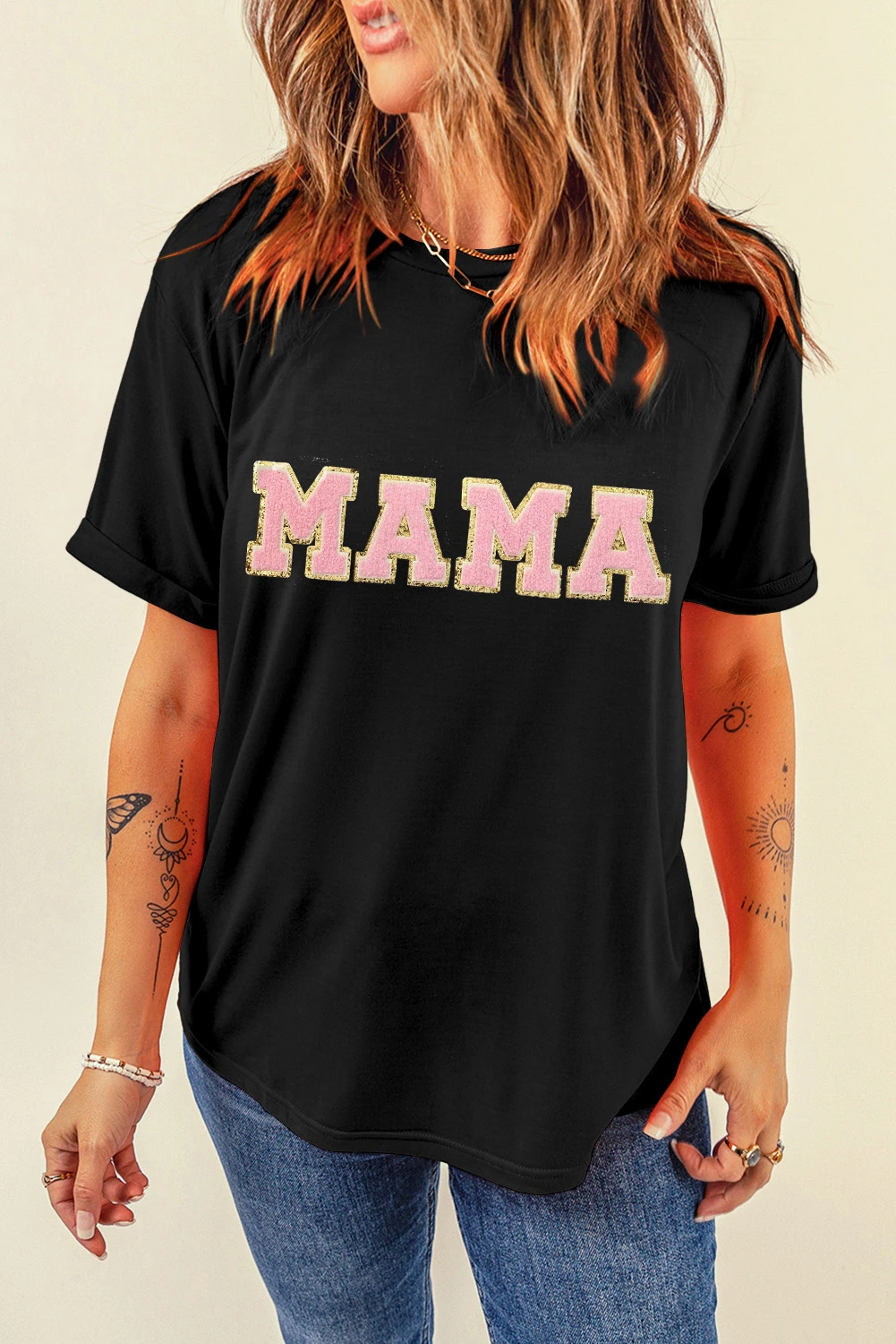 黑色 MAMA 雪尼尔图案 T 恤 LC25224551