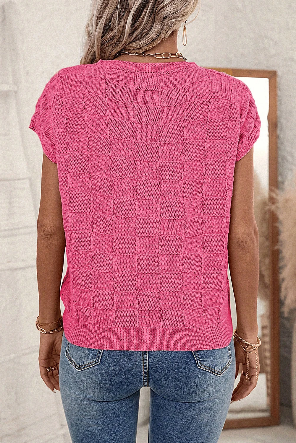 亮粉色格子纹理针织短袖毛衣 LC276182
