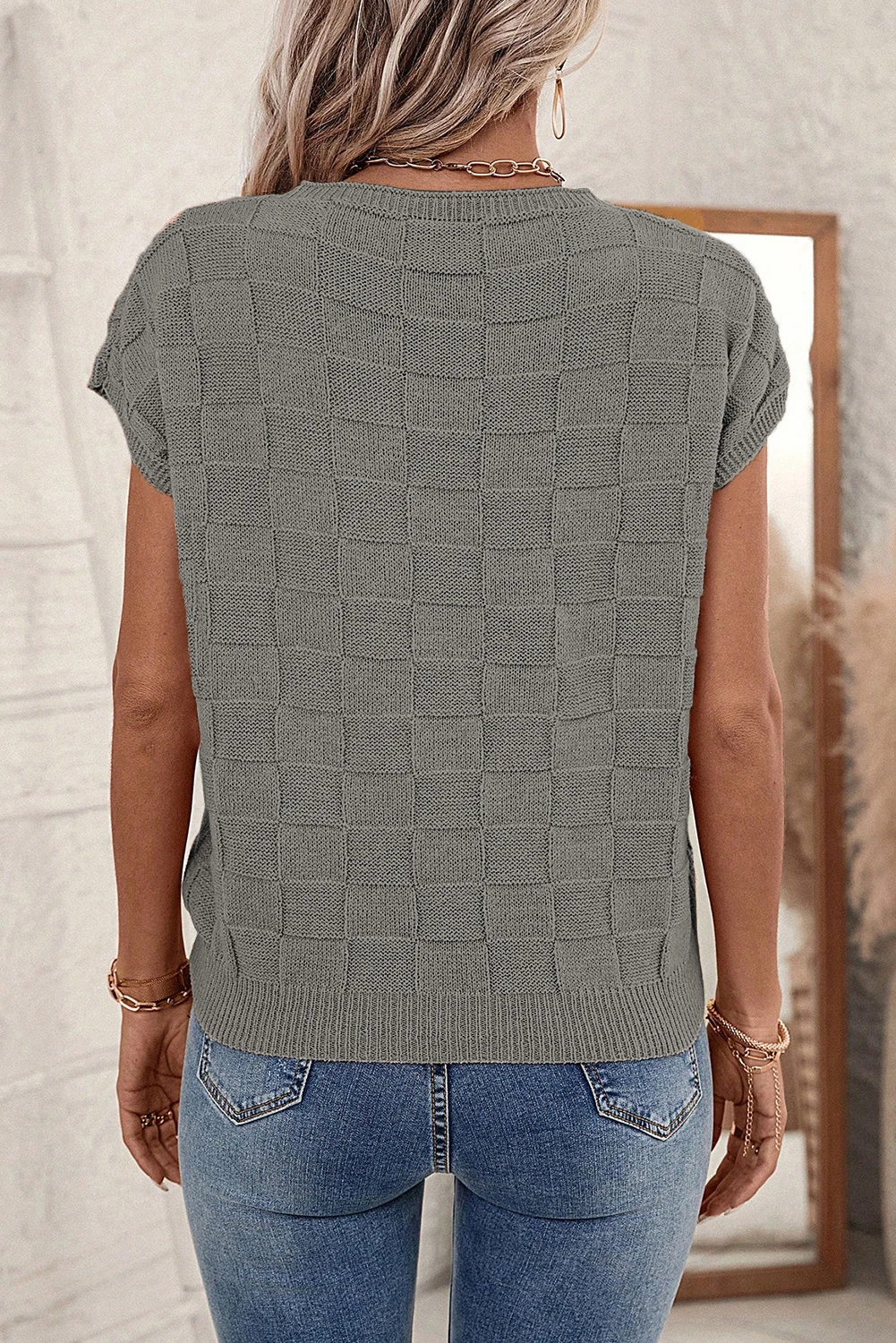 灰色格子纹理针织短袖毛衣 LC276182