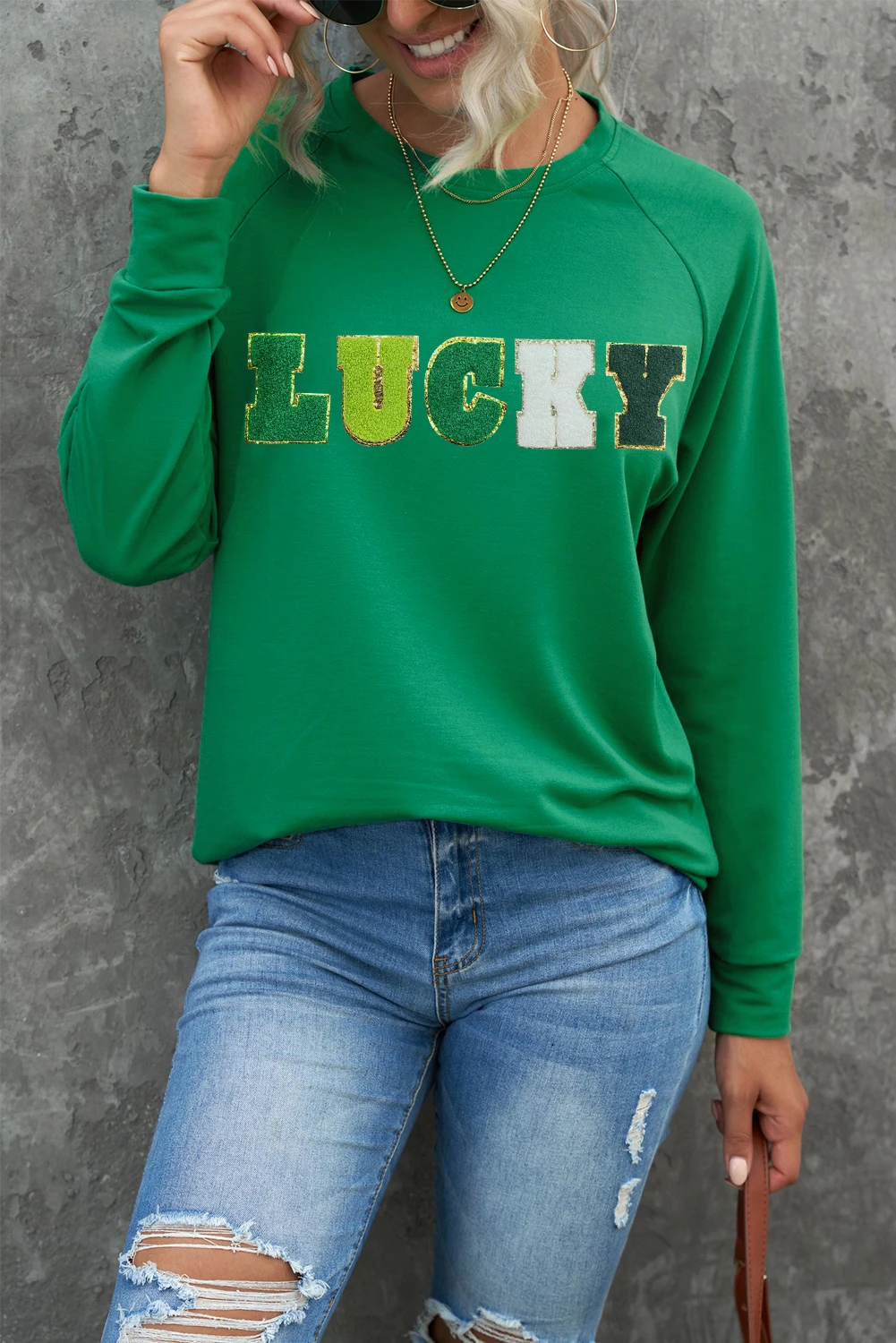 绿色 St Patricks LUCKY 雪尼尔刺绣图案套头衫 LC25314096