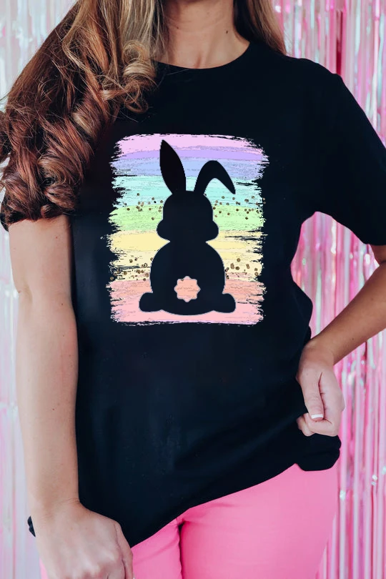 黑色彩虹复活节兔子图案 T 恤 LC25224551