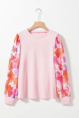 浅粉色花卉印花灯笼袖圆领衬衫