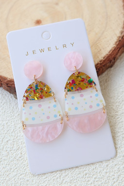 粉色可爱印花复活节彩蛋形状吊式耳环