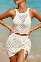 白色镂空钩编短款 2 件式沙滩连衣裙