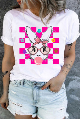 白色泡泡糖复活节兔子格子花图案加 T 恤