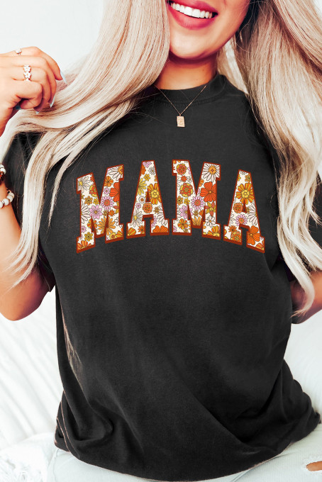 黑色花朵印花 MAMA 字母图案 T 恤