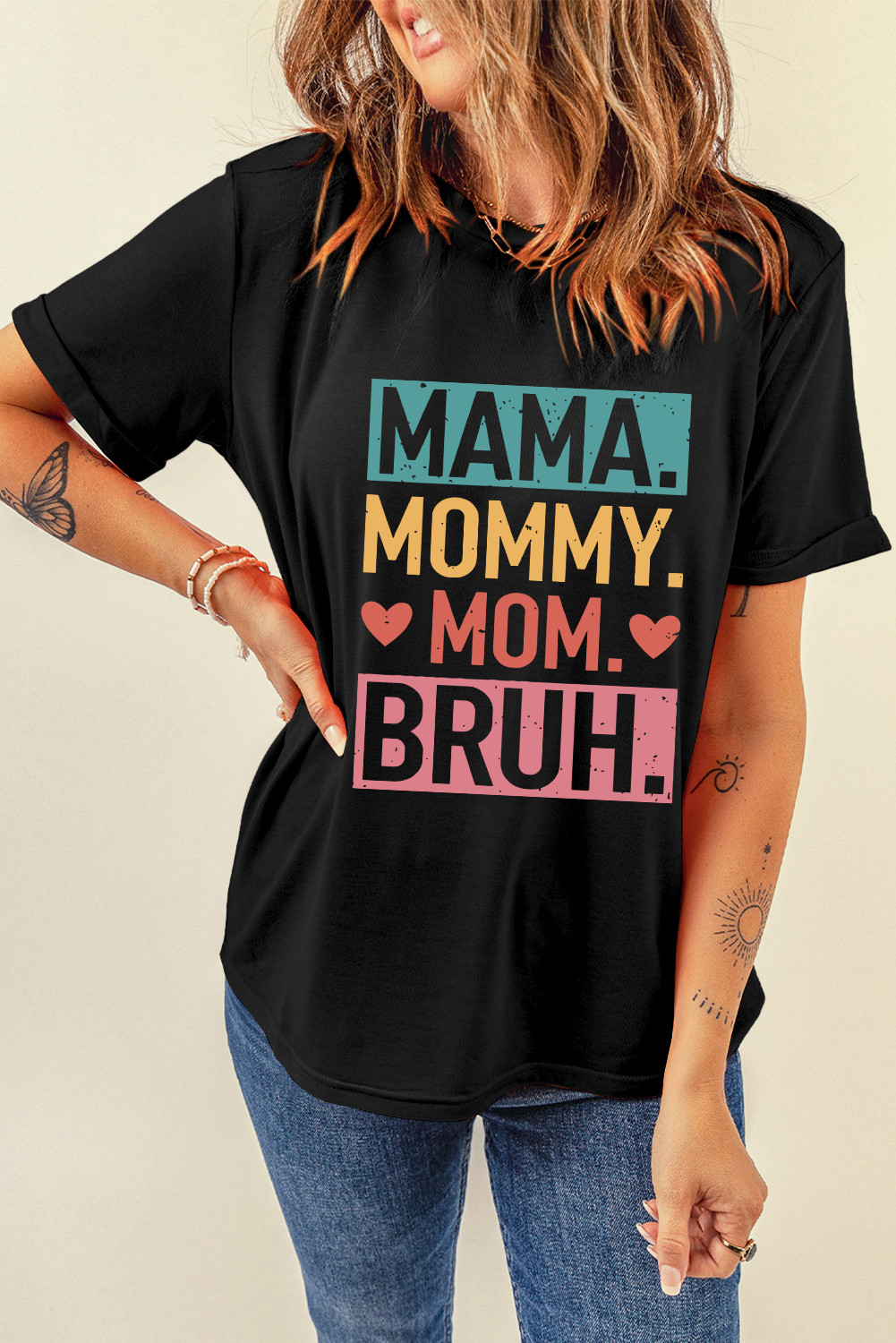 黑色 MAMA MOMMY MOM BRUH 图案 T 恤 LC25224551