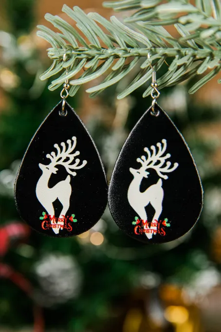 圣诞快乐驯鹿印花水滴型耳环