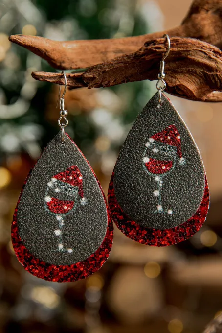 圣诞图案印花亮片PU皮革水滴型耳环