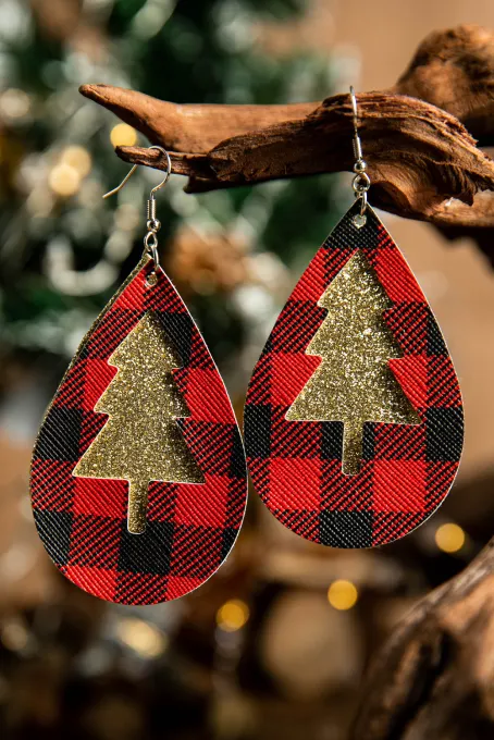 格子印花亮片圣诞树撞色精致吊式耳环