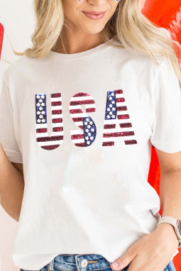 白色美国国旗亮片贴片圆领 T 恤