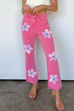 粉色花朵图案毛边喇叭牛仔裤