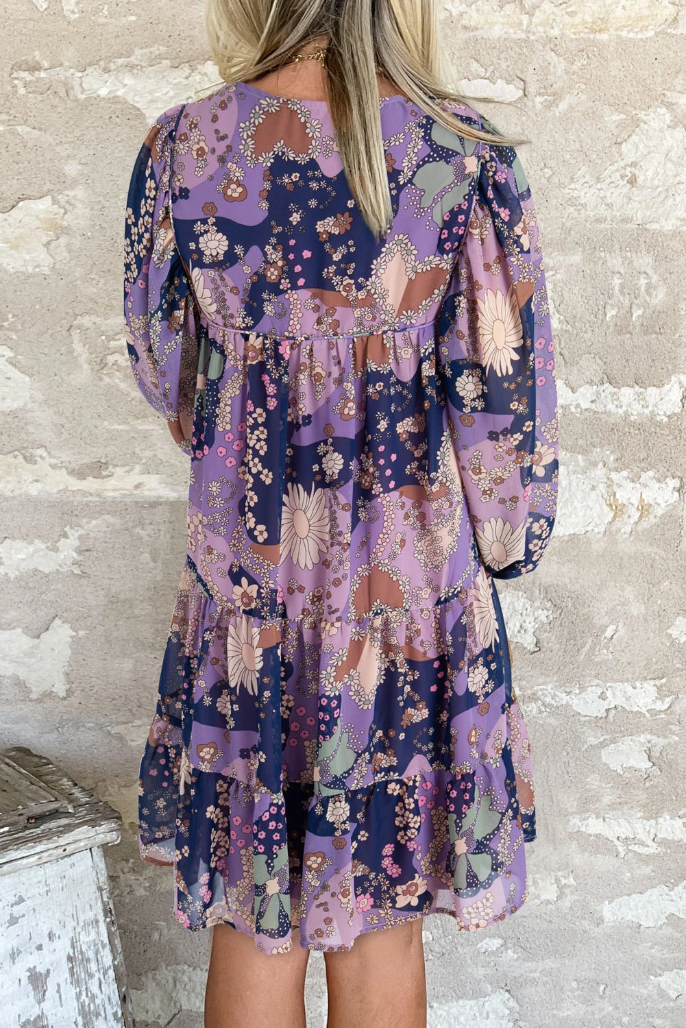 紫色复古雏菊花卉泡泡袖荷叶边短连衣裙 LC6118995