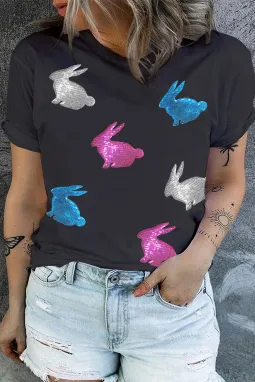 黑色闪亮兔子图案大码复活节 T 恤