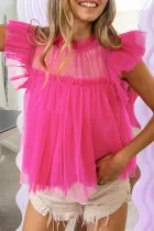 草莓粉色薄纱荷叶边袖喇叭娃娃装衬衫