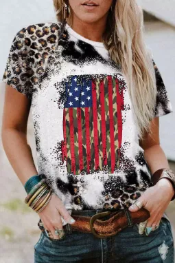豹纹复古美国国旗图案 T 恤