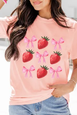 粉色草莓 & 蝴蝶结图案 T 恤